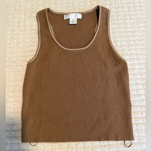 Caroline Constas New York Ribbed Checkered Trim Scoop Neck Tank Small Brown Tan
